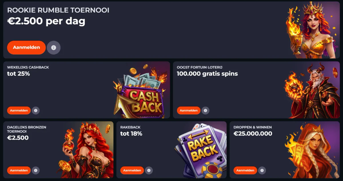 Blazingwildz casinopromoties met dagelijkse toernooien, wekelijkse cashback, rakeback en gratis spins
